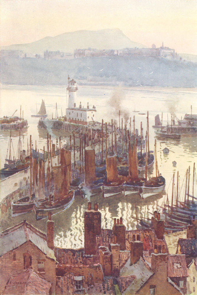 The Harbour from the Old Town, Scarborough. Yorkshire. By Ernest Haslehust 1920